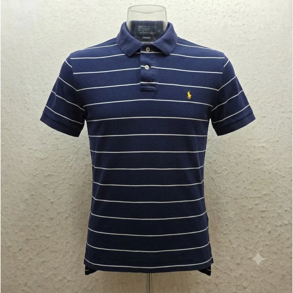 Polo Ralph Lauren Men's Blue w White Stripes w Yellow Pony Polo Shirt. Size S